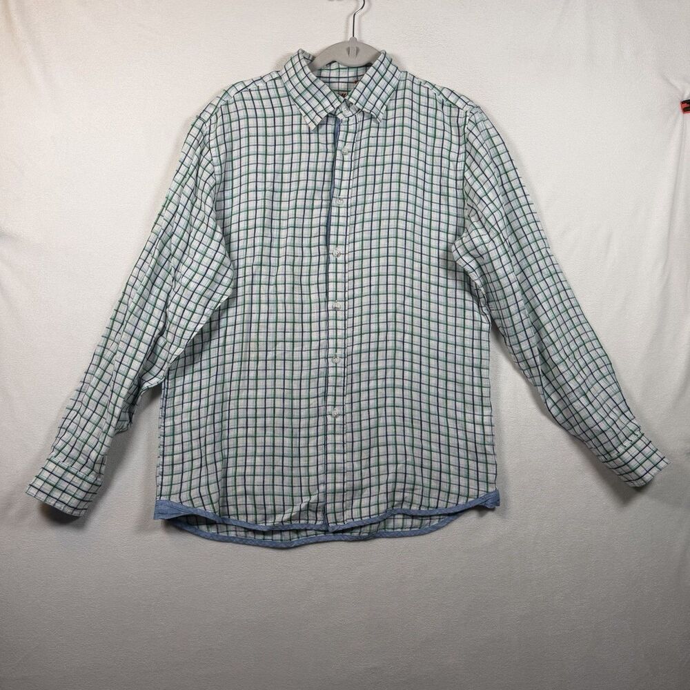 Report Collection Linen Shirt Mens Medium Plaid Blue Green Button Down Casual